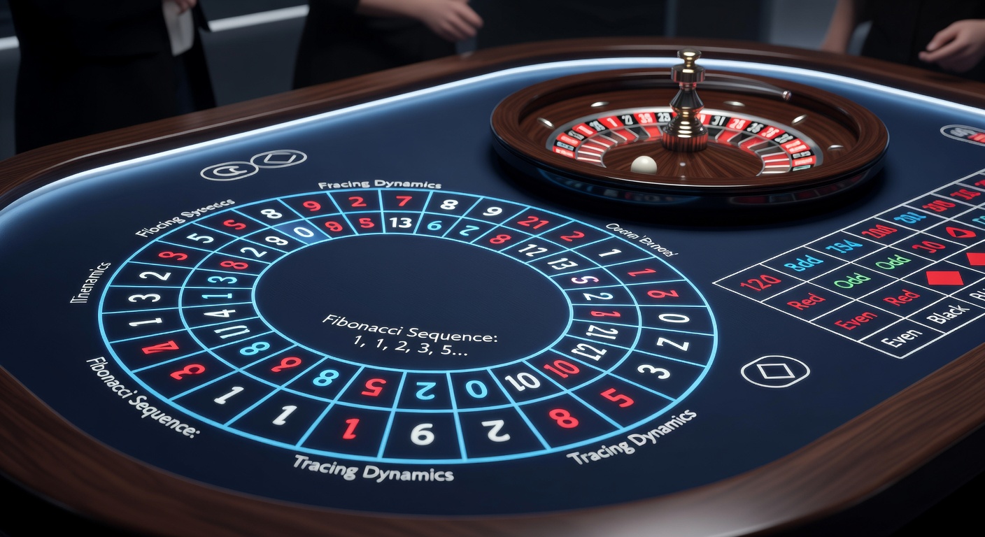 Grafische Simulation einer Fibonacci-Sequenz mit Roulette-Rad, Einsatzverlauf und Gewinn/Verlust-Kurven